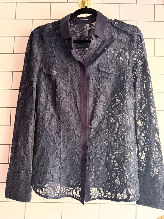 Luisa Cerano Tops - Luxury Designer Sheer Black Lace Button-Front Blouse (QUIET LUXURY)